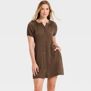Button Down Short Sleeve Puff Sleeve Brown Cotton Gauze Dress Target XS